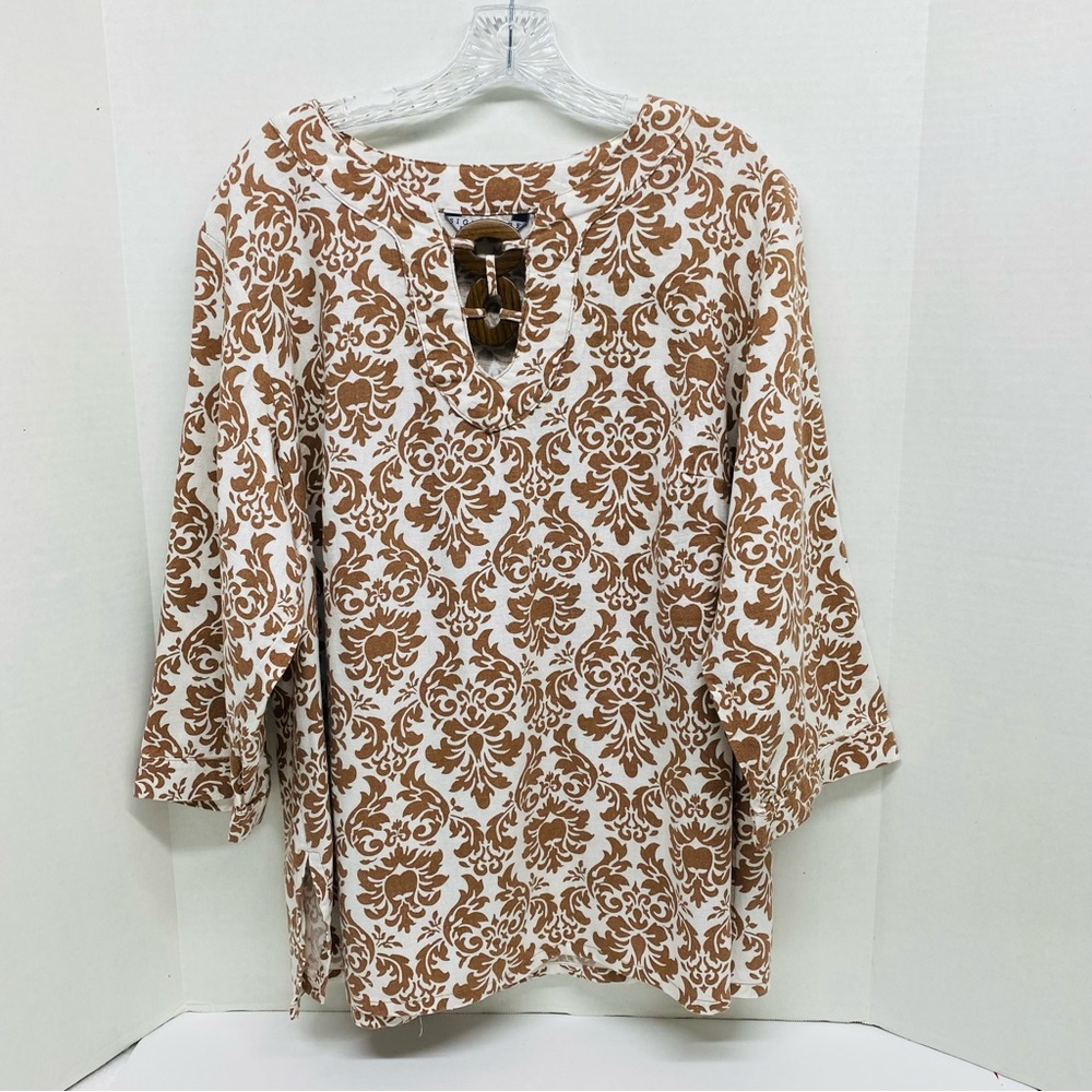 Signature by Larry Levine Carmel & Cream 2X Top Linen Blend 3/4 Sleeves Casual